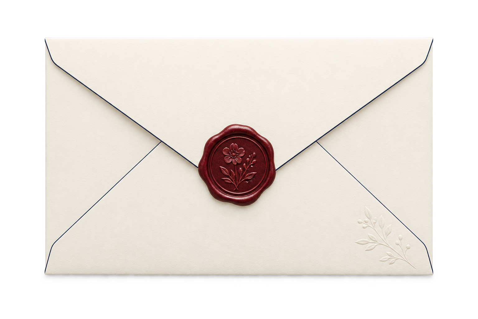 Envelope de papel claro com selo de cera vinho e uma pequena flor em relevo